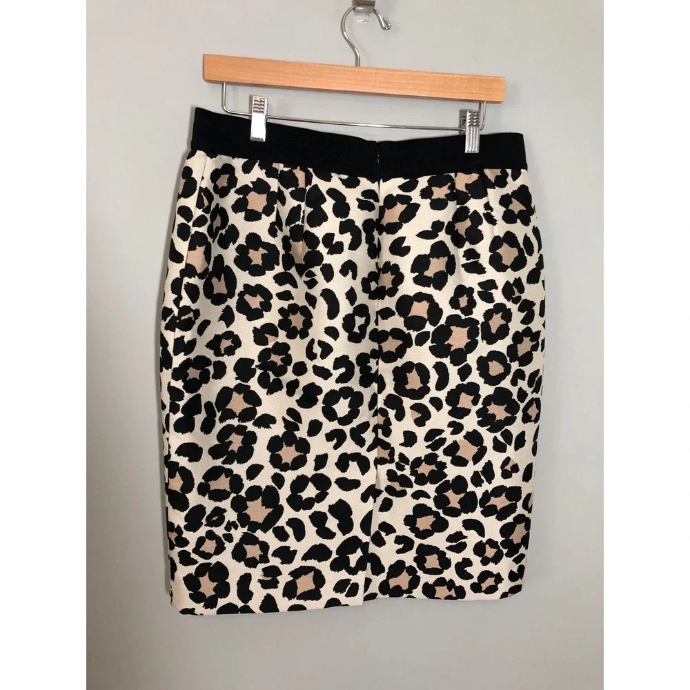 Ann Taylor Pencil Skirt Women 10 Ivory Black Tan Leopard Print Elastic Waist